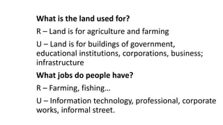 What is the land used for?
R – Land is for agriculture and farming
U – Land is for buildings of government,
educational institutions, corporations, business;
infrastructure
What jobs do people have?
R – Farming, fishing…
U – Information technology, professional, corporate
works, informal street.
 