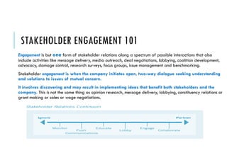 STAKEHOLDER ENGAGEMENT 101
Engagement is but one form of stakeholder relations along a spectrum of possible interactions that also
include activities like message delivery, media outreach, deal negotiations, lobbying, coalition development,
advocacy, damage control, research surveys, focus groups, issue management and benchmarking.
Stakeholder engagement is when the company initiates open, two-way dialogue seeking understanding
and solutions to issues of mutual concern.
It involves discovering and may result in implementing ideas that benefit both stakeholders and the
company. This is not the same thing as opinion research, message delivery, lobbying, constituency relations or
grant making or sales or wage negotiations.
2016/04/10 NEXT GENERATION CONSULTANTS 11
 