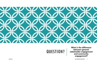 QUESTION?
What is the difference
between general
stakeholder engagement
and community
engagement?
2016/04/10 NEXT GENERATION CONSULTANTS 2
 
