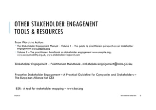 OTHER STAKEHOLDER ENGAGEMENT
TOOLS & RESOURCES
From Words to Action:
The Stakeholder Engagement Manual – Volume 1 – The guide to practitioners perspectives on stakeholder
engagement www.uneptie.org
Volume 2 – The practitioners handbook on stakeholder engagement www.uneptie.org;
www.accountability.org.uk, www.stakeholderresearch.com
Stakeholder Engagement – Practitioners Handbook -stakeholder.engagement@immi.gov.au
Proactive Stakeholder Engagement – A Practical Guideline for Companies and Stakeholders –
The European Alliance for CSR
BSR: A tool for stakeholder mapping – www.bsr.org
2016/04/10 NEXT GENERATION CONSULTANTS 42
 