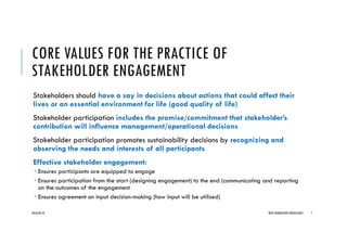 CORE VALUES FOR THE PRACTICE OF
STAKEHOLDER ENGAGEMENT
Stakeholders should have a say in decisions about actions that could affect their
lives or an essential environment for life (good quality of life)
Stakeholder participation includes the promise/commitment that stakeholder’s
contribution will influence management/operational decisions
Stakeholder participation promotes sustainability decisions by recognizing and
observing the needs and interests of all participants
Effective stakeholder engagement:
Ensures participants are equipped to engage
Ensures participation from the start (designing engagement) to the end (communicating and reporting
on the outcomes of the engagement
Ensures agreement on input decision-making (how input will be utilised)
2016/04/10 NEXT GENERATION CONSULTANTS 7
 