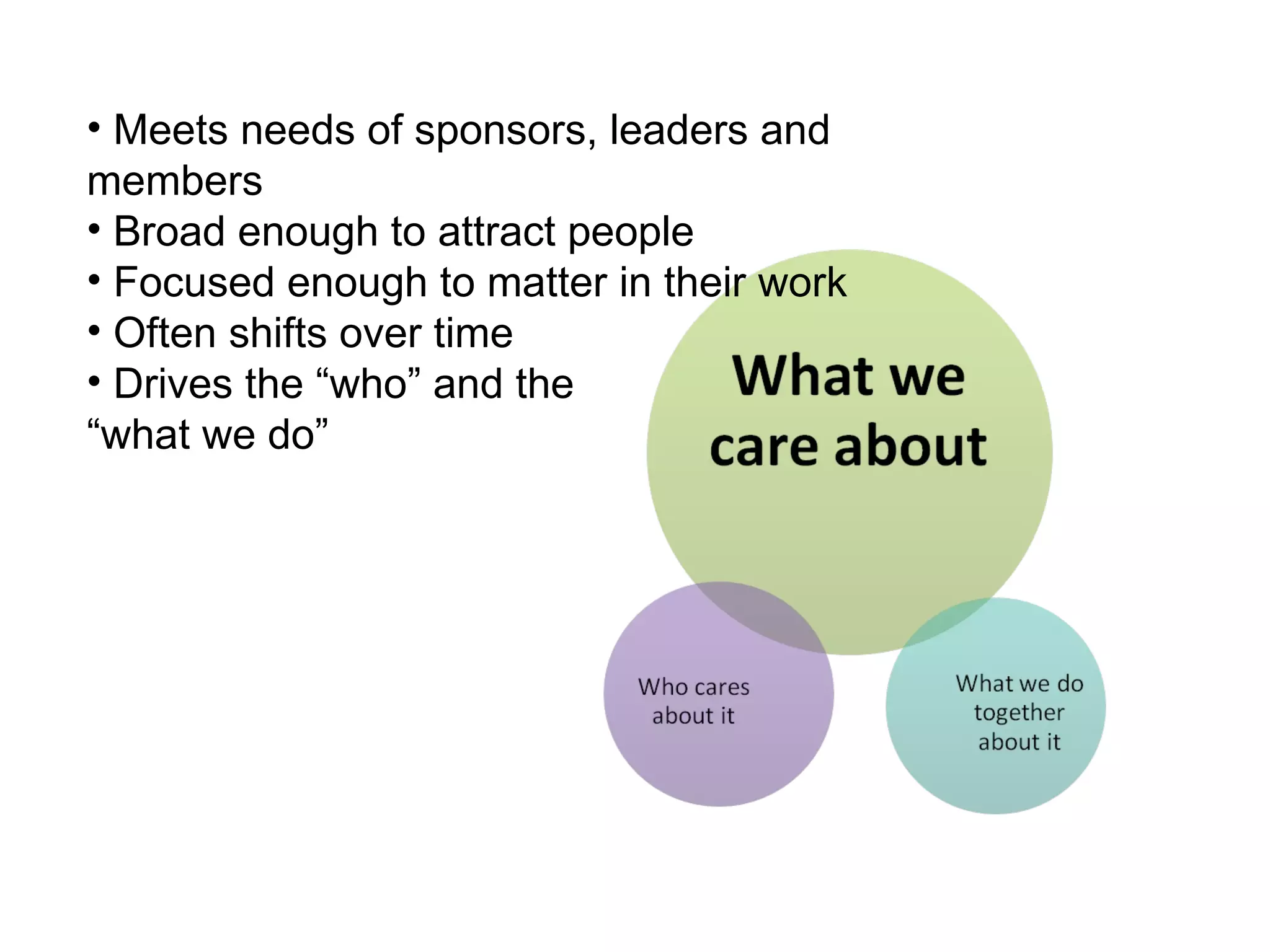 Meets needs of sponsors, leaders and members Broad enough to attract people Focused enough to matter in their work Often shifts over time Drives the “who” and the  “what we do” 