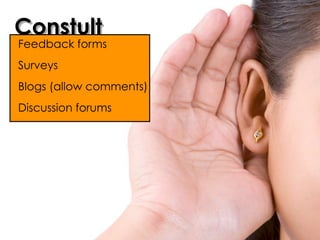 Constult
Feedback forms
Surveys
Blogs (allow comments)
Discussion forums
 
