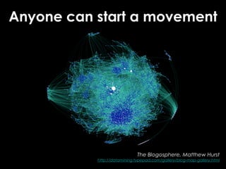 Anyone can start a movement




                              The Blogosphere, Matthew Hurst
           http://datamining.typepad.com/gallery/blog-map-gallery.html
 