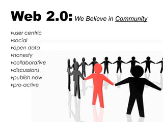 Web 2.0: We Believe in Community
‣user centric
‣social
‣open data
‣honesty
‣collaborative
‣discussions
‣publish now
‣pro-active
 