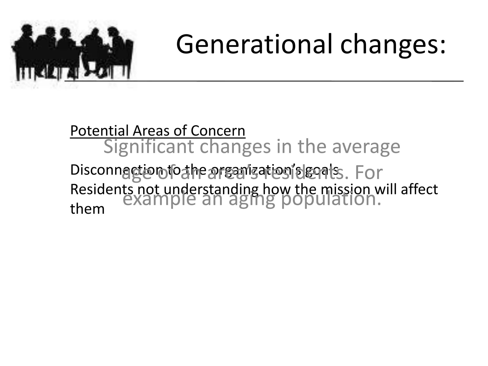 Generational changes:

Potential Areas of Concern
     Significant changes in the average
Disconnection toan area’s residents. For
       age of the organization’s goals
Residents not understanding how the mission will affect
them
       example an aging population.
 