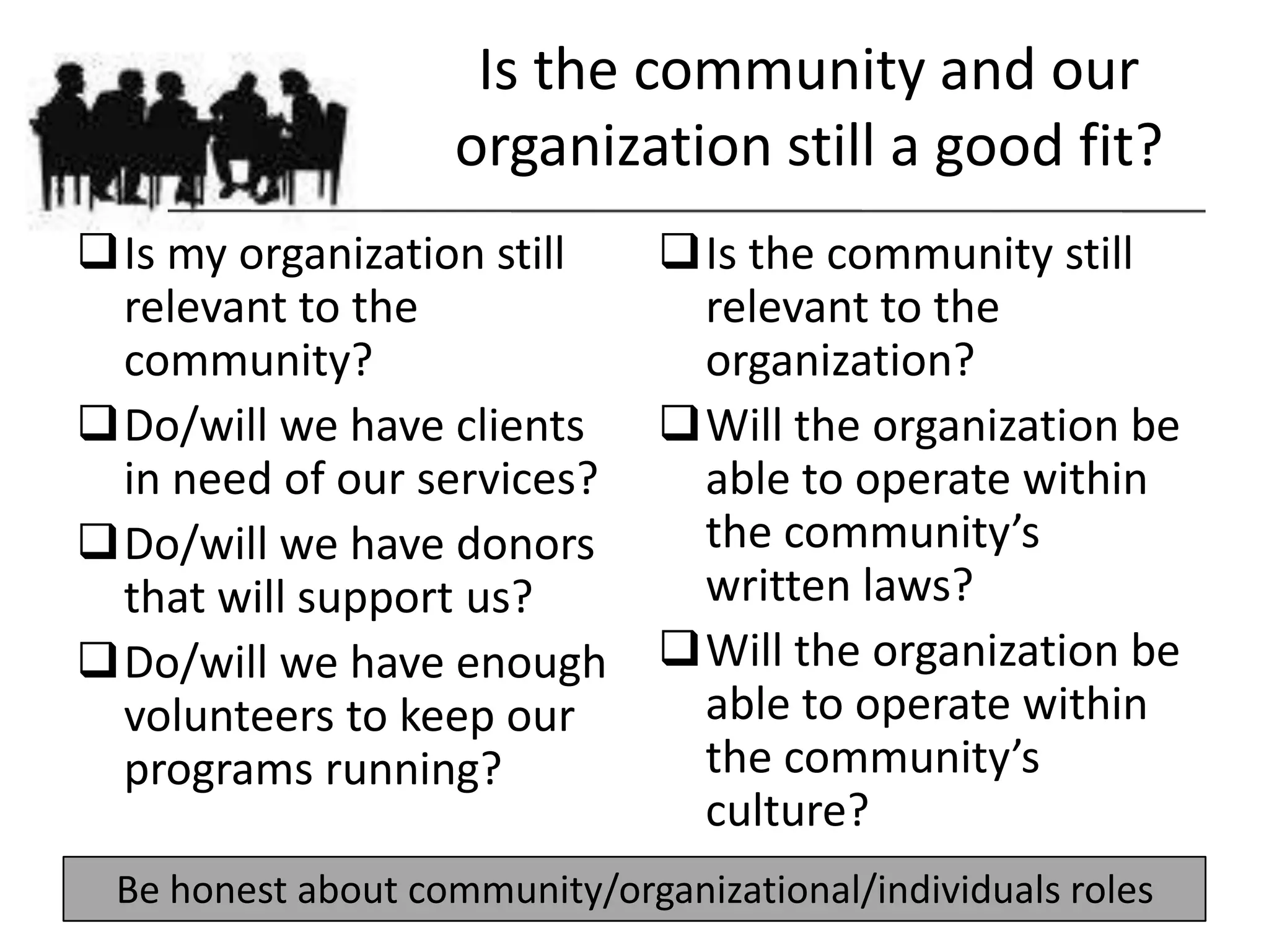 Is the community and our
                   organization still a good fit?
Is my organization still      Is the community still
 relevant to the                relevant to the
 community?                     organization?
Do/will we have clients       Will the organization be
 in need of our services?       able to operate within
Do/will we have donors         the community’s
 that will support us?          written laws?
Do/will we have enough        Will the organization be
 volunteers to keep our         able to operate within
 programs running?              the community’s
                                culture?
 Be honest about community/organizational/individuals roles
 