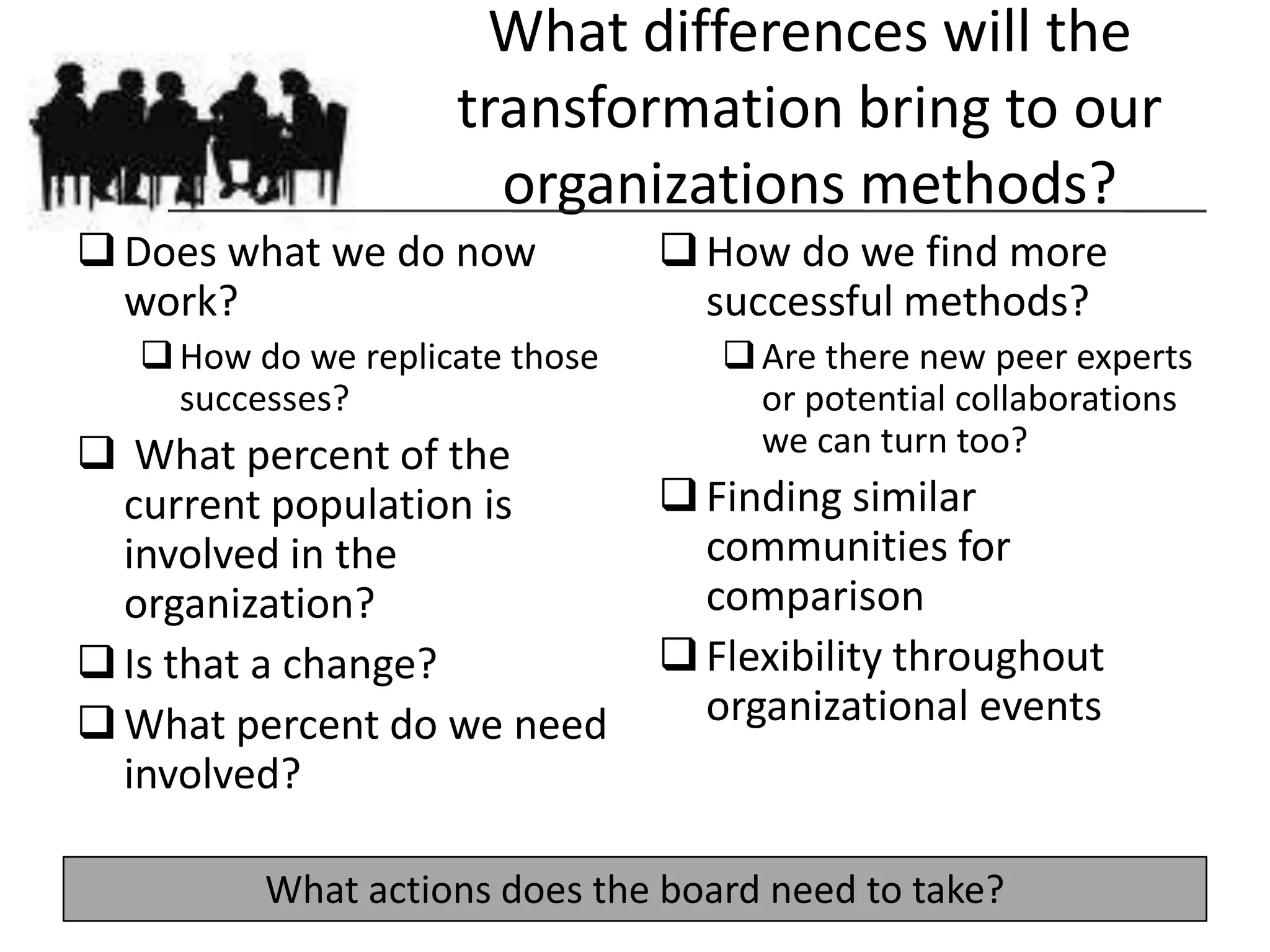 What differences will the
                    transformation bring to our
                      organizations methods?
 Does what we do now            How do we find more
  work?                           successful methods?
   How do we replicate those       Are there new peer experts
    successes?                       or potential collaborations
 What percent of the                we can turn too?
  current population is          Finding similar
  involved in the                 communities for
  organization?                   comparison
 Is that a change?              Flexibility throughout
 What percent do we need         organizational events
  involved?

         What actions does the board need to take?
 