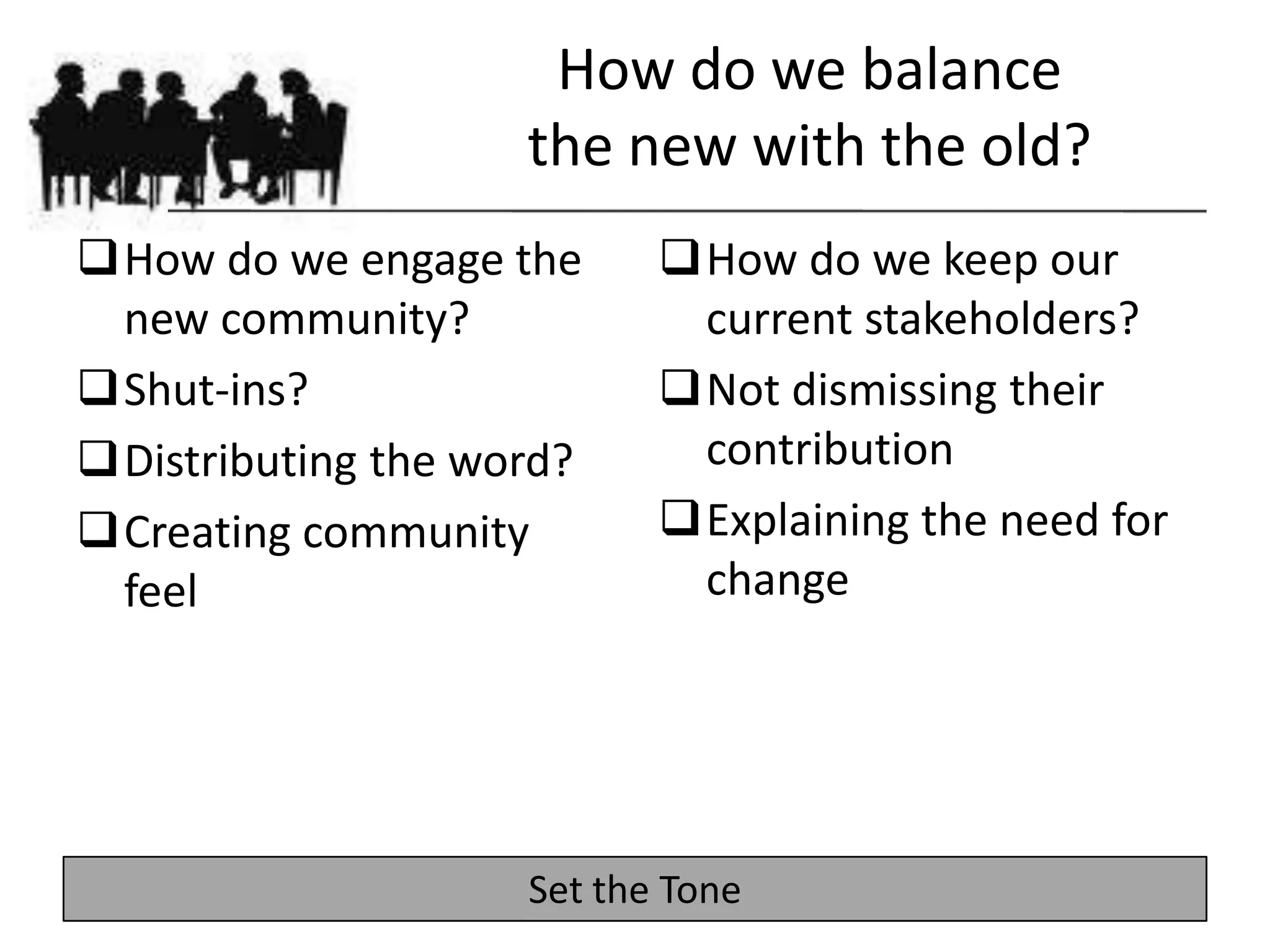 How do we balance
                    the new with the old?
How do we engage the      How do we keep our
 new community?             current stakeholders?
Shut-ins?                 Not dismissing their
Distributing the word?     contribution
Creating community        Explaining the need for
 feel                       change




                    Set the Tone
 