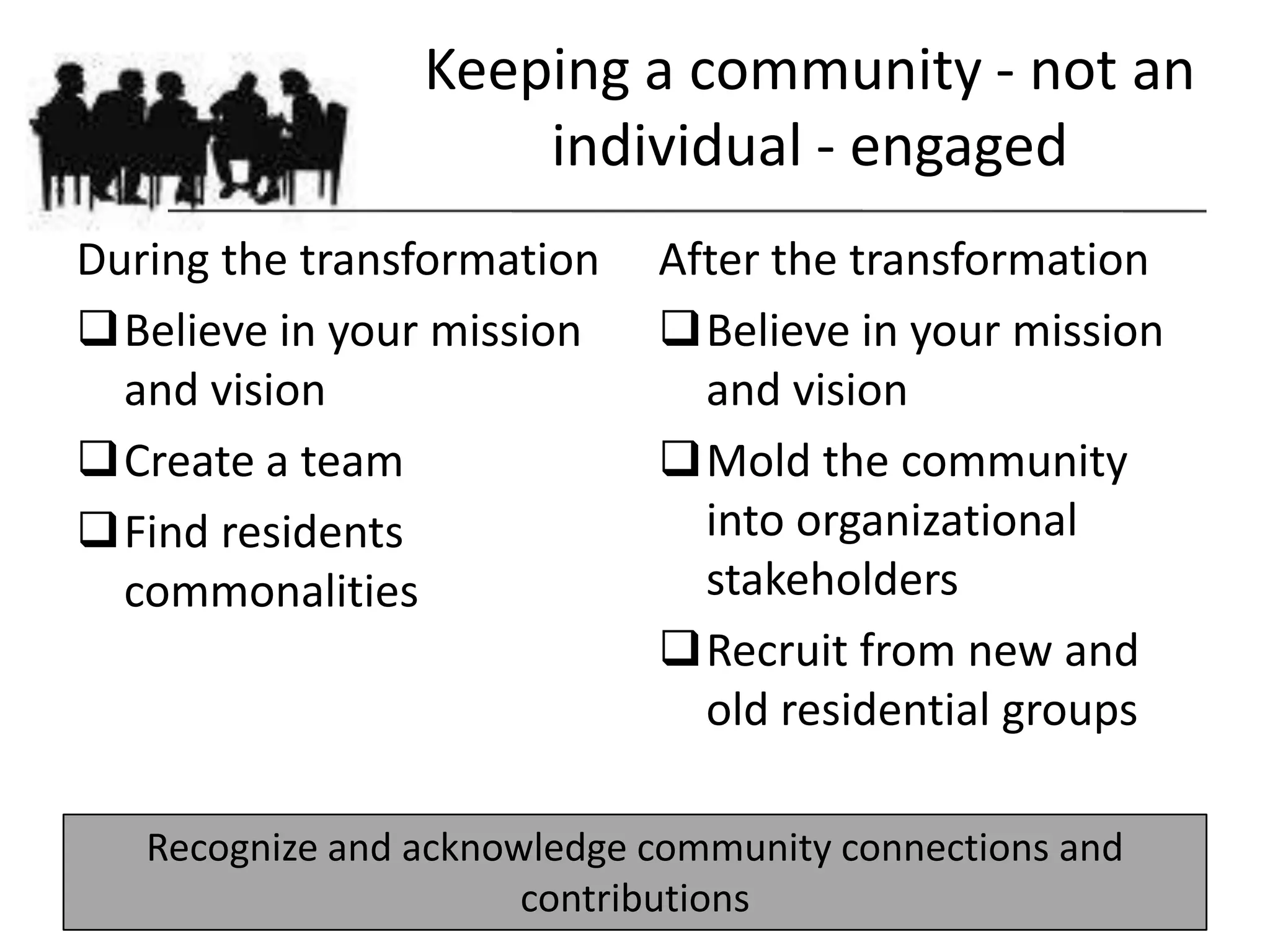 Keeping a community - not an
                     individual - engaged
During the transformation    After the transformation
Believe in your mission     Believe in your mission
  and vision                   and vision
Create a team               Mold the community
Find residents                into organizational
  commonalities                stakeholders
                             Recruit from new and
                               old residential groups

   Recognize and acknowledge community connections and
                       contributions
 
