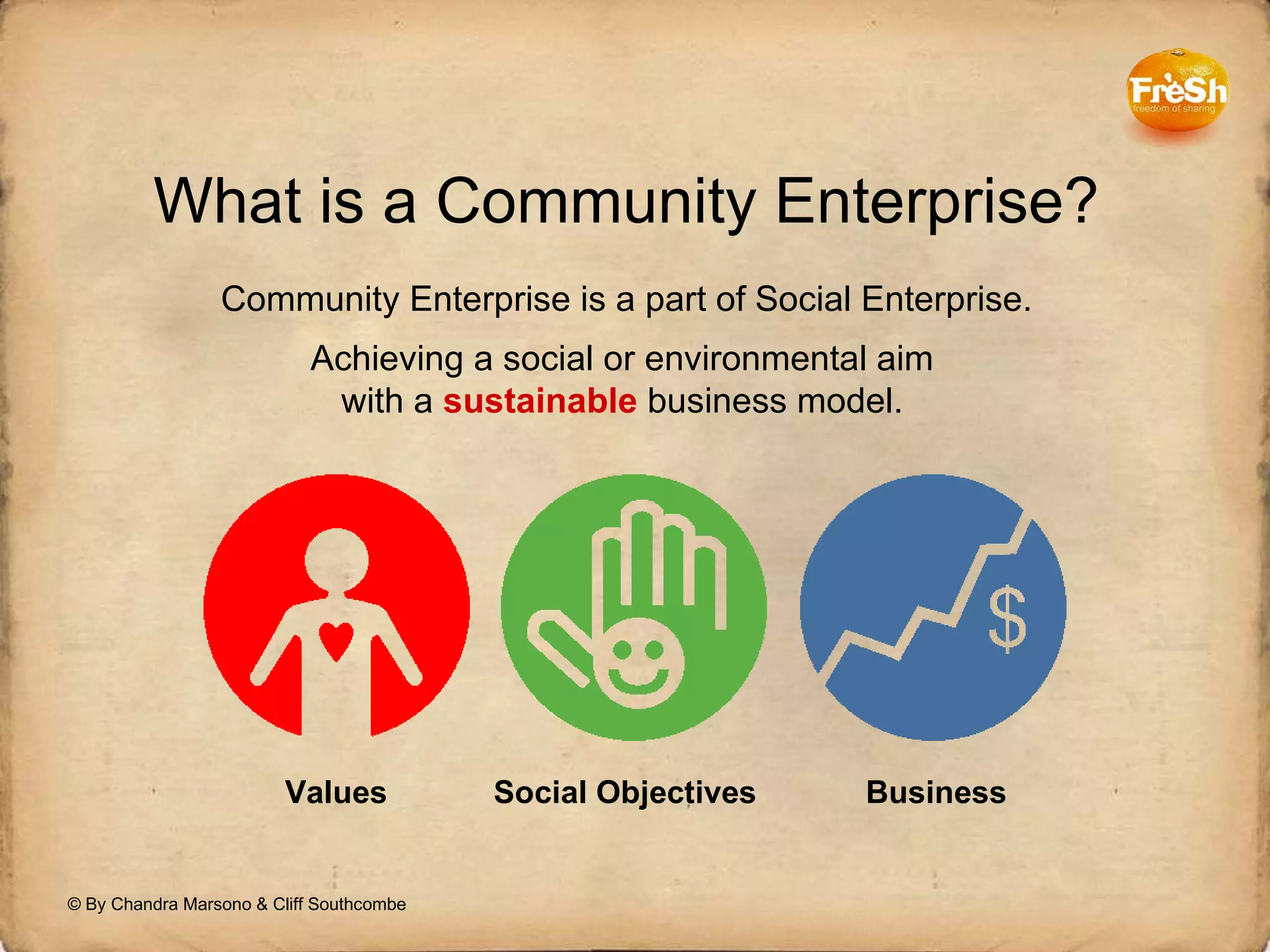 What is a Community Enterprise? Community Enterprise is a part of Social Enterprise. Achieving a social or environmental aim with a  sustainable  business model. Social Objectives Values Business © By Chandra Marsono & Cliff Southcombe 