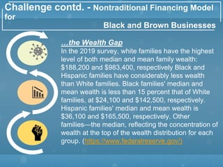 Challenge contd. - Nontraditional Financing Model
for
Black and Brown Businesses
…the Wealth Gap
In the 2019 survey, white families have the highest
level of both median and mean family wealth:
$188,200 and $983,400, respectively Black and
Hispanic families have considerably less wealth
than White families. Black families' median and
mean wealth is less than 15 percent that of White
families, at $24,100 and $142,500, respectively.
Hispanic families' median and mean wealth is
$36,100 and $165,500, respectively. Other
families—the median, reflecting the concentration of
wealth at the top of the wealth distribution for each
group. (https://www.federalreserve.gov/)
 