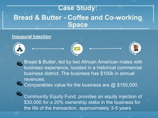 Case Study:
Bread & Butter - Coffee and Co-working
Space
Bread & Butter, led by two African American males with
business experience, located in a historical commercial
business district. The business has $100k in annual
revenues.
Comparables value for the business are @ $150,000.
Community Equity Fund, provides an equity injection of
$30,000 for a 20% ownership stake in the business for
the life of the transaction, approximately 3-5 years
Inaugural Injection
 
