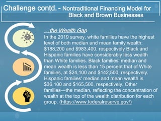 Challenge contd. - Nontraditional Financing Model for
Black and Brown Businesses
…the Wealth Gap
In the 2019 survey, white families have the highest
level of both median and mean family wealth:
$188,200 and $983,400, respectively Black and
Hispanic families have considerably less wealth
than White families. Black families' median and
mean wealth is less than 15 percent that of White
families, at $24,100 and $142,500, respectively.
Hispanic families' median and mean wealth is
$36,100 and $165,500, respectively. Other
families—the median, reflecting the concentration of
wealth at the top of the wealth distribution for each
group. (https://www.federalreserve.gov/)
 