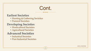 21
Cont.
ADD A FOOTER
Earliest Societies
• Hunting & Gathering Societies
• Pastoral Societies
Developing Societies
• Horticultural Societies
• Agricultural Societies
Advanced Societies
• Industrial Societies
• Post-Industrial Societies
 