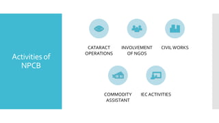 Activities of
NPCB
CATARACT
OPERATIONS
INVOLVEMENT
OF NGOS
CIVILWORKS
COMMODITY
ASSISTANT
IEC ACTIVITIES
 