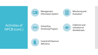 Activities of
NPCB (cont.)
Management
Information System
Monitoring and
Evaluation
School Eye
Screening Program
Collection and
utilization of
donated eyes
Control ofVitaminA
deficiency
 
