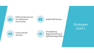 Public-private eye care
for underserved
communities.
Health staff training.
Community IEC
activities.
Strengthening
Regional Institutes of
Ophthalmology (RIOs)
Strategies
(cont.)
 