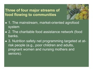 Three of four major streams of
food flowing to communities
  1. The mainstream, market-oriented agrofood
system
  2. The charitable food assistance network (food
banks.
  3. Nutrition safety net programming targeted at at-
risk people (e.g., poor children and adults,
pregnant women and nursing mothers and
seniors).
 