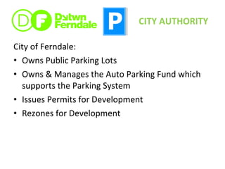 City of Ferndale: Owns Public Parking Lots Owns & Manages the Auto Parking Fund which supports the Parking System Issues Permits for Development Rezones for Development CITY AUTHORITY 