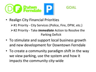 Realign City Financial Priorities #1 Priority - City Services (Police, Fire, DPW, etc.) #2 Priority - Take  Immediate  Action to Resolve the    Parking Deficit To stimulate and support local business growth and new development for Downtown Ferndale To create a community paradigm shift in the way we view parking, use the system and how it impacts the community city-wide GOAL 