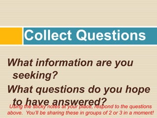 Collect Questions
What information are you
 seeking?
What questions do you hope
 to have answered?
Using the sticky notes at your place, respond to the questions
above. You’ll be sharing these in groups of 2 or 3 in a moment!
 