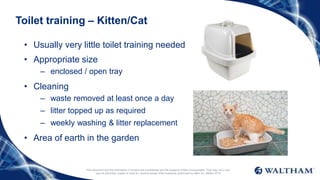 This document and the information it contains are confidential and the property of Mars Incorporated. They may not in any
way be disclosed, copied or used by anyone except when expressly authorised by Mars Inc. ©Mars 2016
Toilet training – Kitten/Cat
• Usually very little toilet training needed
• Appropriate size
– enclosed / open tray
• Cleaning
– waste removed at least once a day
– litter topped up as required
– weekly washing & litter replacement
• Area of earth in the garden
 