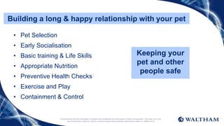 This document and the information it contains are confidential and the property of Mars Incorporated. They may not in any
way be disclosed, copied or used by anyone except when expressly authorised by Mars Inc. ©Mars 2016
Building a long & happy relationship with your pet
Keeping your
pet and other
people safe
• Pet Selection
• Early Socialisation
• Basic training & Life Skills
• Appropriate Nutrition
• Preventive Health Checks
• Exercise and Play
• Containment & Control
 
