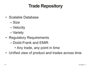 35
Trade Repository
• Scalable Database
– Size
– Velocity
– Variety
• Regulatory Requirements
– Dodd-Frank and EMIR
• Any trade, any point in time
• Unified view of product and trades across time
 