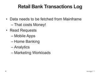 42
Retail Bank Transactions Log
• Data needs to be fetched from Mainframe
– That costs Money!
• Read Requests
– Mobile Apps
– Home Banking
– Analytics
– Marketing Workloads
 
