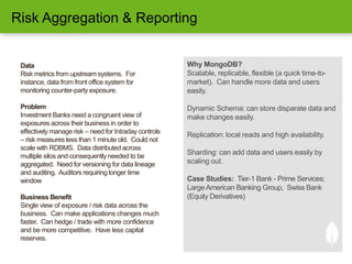 Data
Risk metrics from upstream systems. For
instance, data from front office system for
monitoring counter-party exposure.
Problem
Investment Banks need a congruent view of
exposures across their business in order to
effectively manage risk – need for Intraday controls
– risk measures less than 1 minute old. Could not
scale with RDBMS. Data distributed across
multiple silos and consequently needed to be
aggregated. Need for versioning for data lineage
and auditing. Auditors requiring longer time
window
Business Benefit
Single view of exposure / risk data across the
business. Can make applications changes much
faster. Can hedge / trade with more confidence
and be more competitive. Have less capital
reserves.
Why MongoDB?
Scalable, replicable, flexible (a quick time-to-
market). Can handle more data and users
easily.
Dynamic Schema: can store disparate data and
make changes easily.
Replication: local reads and high availability.
Sharding: can add data and users easily by
scaling out.
Case Studies: Tier-1 Bank - Prime Services;
LargeAmerican Banking Group, Swiss Bank
(Equity Derivatives)
Risk Aggregation & Reporting
 