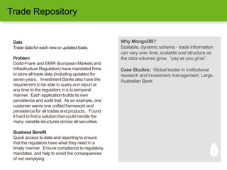 Data
Trade data for each new or updated trade.
Problem
Dodd-Frank and EMIR (European Markets and
Infrastructure Regulation) have mandated firms
to store all trade data (including updates) for
seven years. Investment Banks also have the
requirement to be able to query and report at
any time to the regulators in a bi-temporal
manner. Each application builds its own
persistence and audit trail. As an example, one
customer wants one unified framework and
persistence for all trades and products. Found
it hard to find a solution that could handle the
many variable structures across all securities.
Business Benefit
Quick access to data and reporting to ensure
that the regulators have what they need in a
timely manner. Ensure compliance to regulatory
mandates, and help to avoid the consequences
of not complying.
Why MongoDB?
Scalable, dynamic schema - trade information
can vary over time, scalable cost structure as
the data volumes grow, “pay as you grow”.
Case Studies: Global leader in institutional
research and investment management. Large
Australian Bank
Trade Repository
 