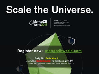 52
Register now: mongodbworld.com
Early Bird Ends May 1!
Use Code NorbertoLeite for additional 25% Off
*Come as a group of 3 or more – Save another 25%
 