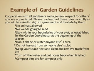 Cooperation	
  with	
  all	
  gardeners	
  and	
  a	
  general	
  respect	
  for	
  others’	
  
space	
  is	
  appreciated.	
  Please	
  read	
  each	
  of	
  these	
  rules	
  carefully	
  as	
  
you	
  will	
  be	
  asked	
  to	
  sign	
  an	
  agreement	
  and	
  to	
  abide	
  by	
  them.	
  
                                                   	
  *No	
  animals	
  allowed	
  
                                                   	
  *No	
  weeds	
  going	
  to	
  seed	
  
                                                   	
  *Stay	
  within	
  your	
  boundaries	
  of	
  your	
  plot,	
  as	
  established	
  	
  	
  	
  	
  	
  
                                                   	
  	
  by	
  the	
  Garden	
  Coordinator	
  at	
  the	
  beginning	
  of	
  the	
   	
  	
  
                                                   	
  season	
  
                                                   	
  *Don’t	
  shade	
  or	
  water	
  anyone	
  else’s	
  area	
  
	
  	
  	
  	
  	
  	
  	
  	
  	
  	
  	
  	
  	
  *	
  Do	
  not	
  harvest	
  from	
  someone	
  else’s	
  plot	
  
                                                   	
  *Keep	
  your	
  space	
  neat	
  and	
  clean	
  and	
  remove	
  trash	
  from	
  	
  	
  
                                                   	
  site	
  
                                                   	
  *Turn	
  oﬀ	
  the	
  water	
  and	
  put	
  hoses	
  back	
  when	
  ﬁnished	
  
                                                   	
  *Compost	
  bins	
  are	
  for	
  compost	
  only	
  
	
  	
  	
  	
  	
  	
  	
   	
  	
  
 