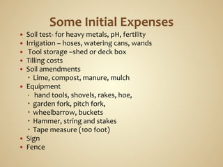 —     Soil	
  test-­‐	
  for	
  heavy	
  metals,	
  pH,	
  fertility	
  
—     Irrigation	
  –	
  hoses,	
  watering	
  cans,	
  wands	
  
—     	
  Tool	
  storage	
  –shed	
  or	
  deck	
  box	
  
—     Tilling	
  costs	
  
—     Soil	
  amendments	
  
             Lime,	
  compost,	
  manure,	
  mulch	
  
—     Equipment	
  
             	
  hand	
  tools,	
  shovels,	
  rakes,	
  hoe,	
  	
  
             garden	
  fork,	
  pitch	
  fork,	
  	
  
             wheelbarrow,	
  buckets	
  
             Hammer,	
  string	
  and	
  stakes	
  
             Tape	
  measure	
  (100	
  foot)	
              	
  	
  
—     Sign	
  
—     Fence	
  
	
  
 