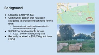 Background
● Location: Eastover, SC
● Community garden that has been
struggling to provide enough food for the
town
○ Issu...