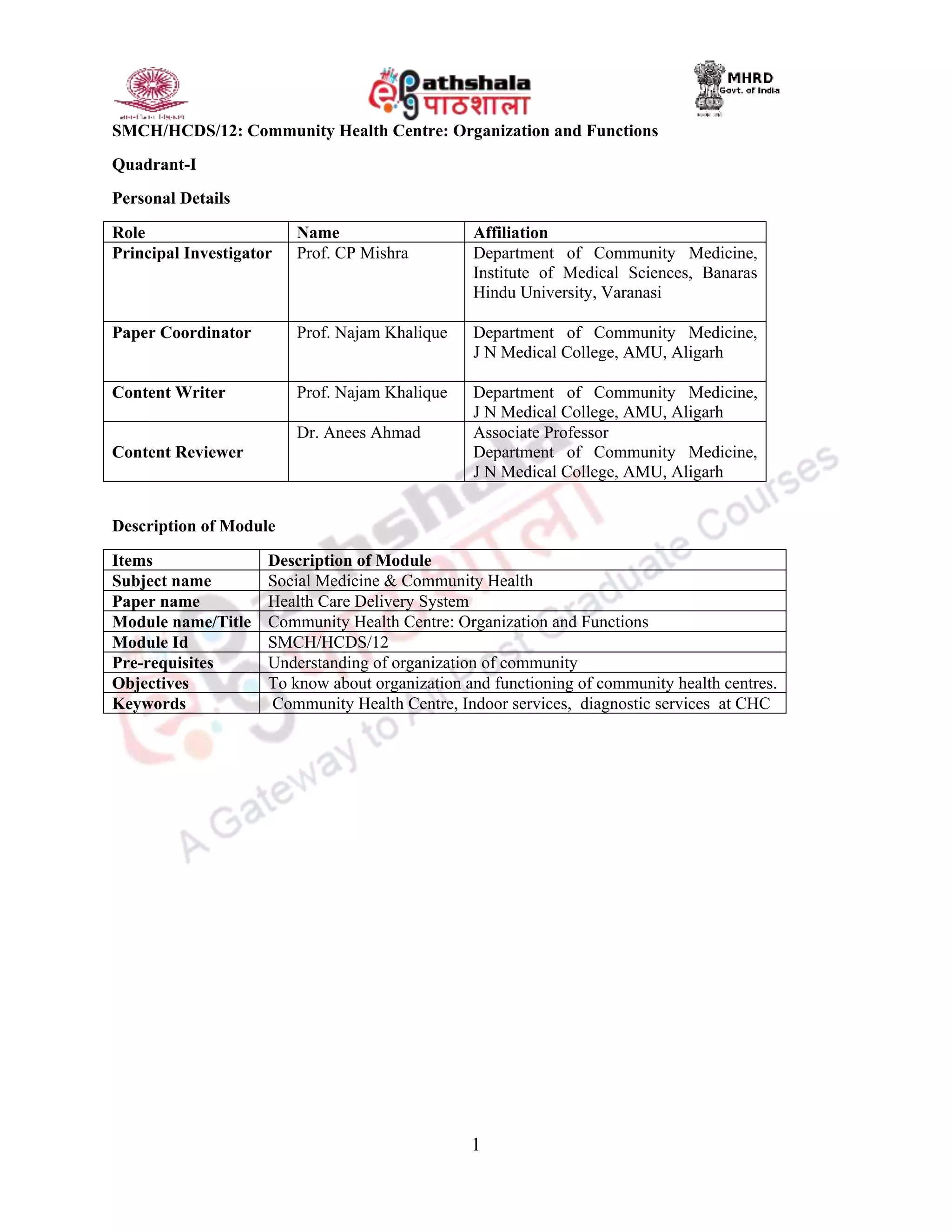 1
SMCH/HCDS/12: Community Health Centre: Organization and Functions
Quadrant-I
Personal Details
Role Name Affiliation
Principal Investigator Prof. CP Mishra Department of Community Medicine,
Institute of Medical Sciences, Banaras
Hindu University, Varanasi
Paper Coordinator Prof. Najam Khalique Department of Community Medicine,
J N Medical College, AMU, Aligarh
Content Writer Prof. Najam Khalique Department of Community Medicine,
J N Medical College, AMU, Aligarh
Content Reviewer
Dr. Anees Ahmad Associate Professor
Department of Community Medicine,
J N Medical College, AMU, Aligarh
Description of Module
Items Description of Module
Subject name Social Medicine & Community Health
Paper name Health Care Delivery System
Module name/Title Community Health Centre: Organization and Functions
Module Id SMCH/HCDS/12
Pre-requisites Understanding of organization of community
Objectives To know about organization and functioning of community health centres.
Keywords Community Health Centre, Indoor services, diagnostic services at CHC
 