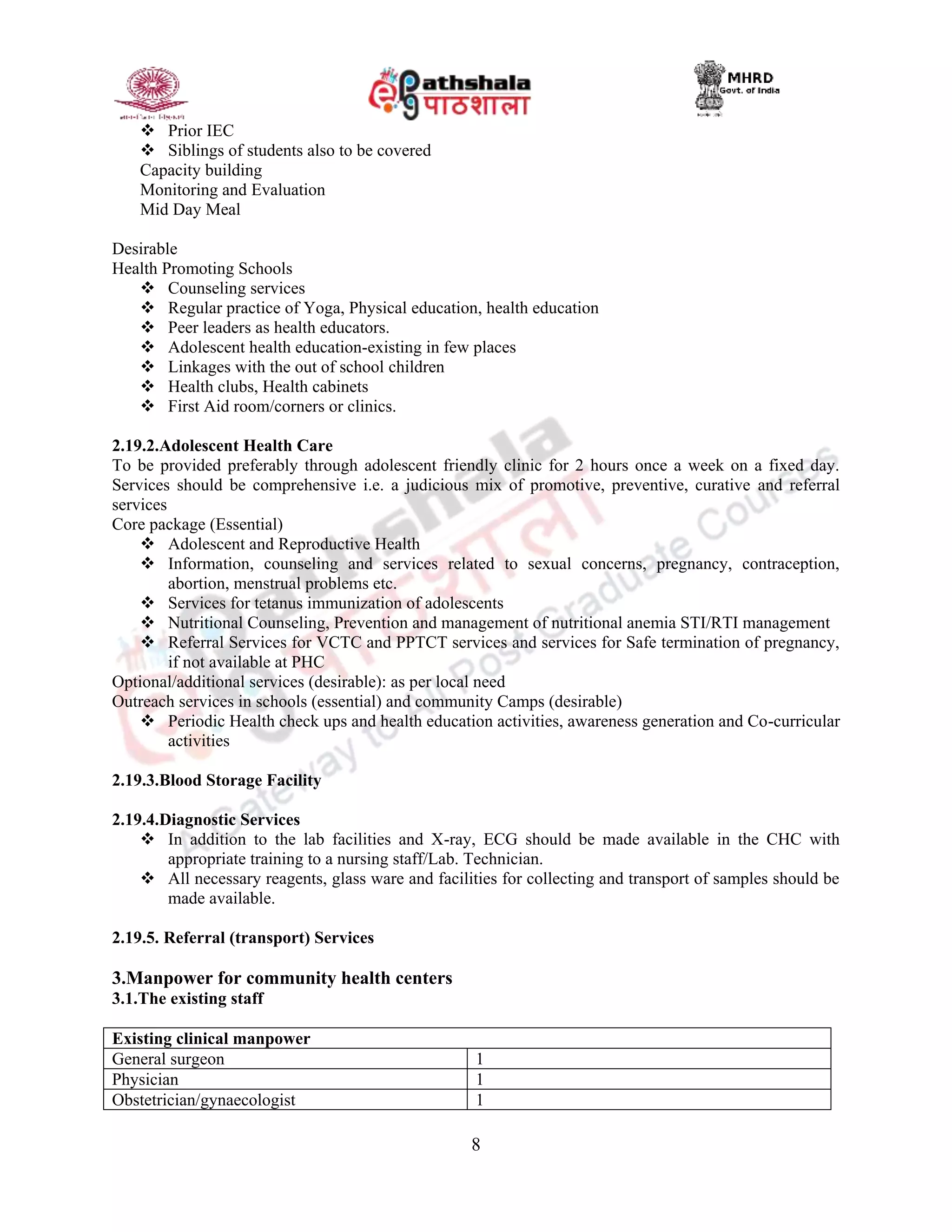 8
 Prior IEC
 Siblings of students also to be covered
Capacity building
Monitoring and Evaluation
Mid Day Meal
Desirable
Health Promoting Schools
 Counseling services
 Regular practice of Yoga, Physical education, health education
 Peer leaders as health educators.
 Adolescent health education-existing in few places
 Linkages with the out of school children
 Health clubs, Health cabinets
 First Aid room/corners or clinics.
2.19.2.Adolescent Health Care
To be provided preferably through adolescent friendly clinic for 2 hours once a week on a fixed day.
Services should be comprehensive i.e. a judicious mix of promotive, preventive, curative and referral
services
Core package (Essential)
 Adolescent and Reproductive Health
 Information, counseling and services related to sexual concerns, pregnancy, contraception,
abortion, menstrual problems etc.
 Services for tetanus immunization of adolescents
 Nutritional Counseling, Prevention and management of nutritional anemia STI/RTI management
 Referral Services for VCTC and PPTCT services and services for Safe termination of pregnancy,
if not available at PHC
Optional/additional services (desirable): as per local need
Outreach services in schools (essential) and community Camps (desirable)
 Periodic Health check ups and health education activities, awareness generation and Co-curricular
activities
2.19.3.Blood Storage Facility
2.19.4.Diagnostic Services
 In addition to the lab facilities and X-ray, ECG should be made available in the CHC with
appropriate training to a nursing staff/Lab. Technician.
 All necessary reagents, glass ware and facilities for collecting and transport of samples should be
made available.
2.19.5. Referral (transport) Services
3.Manpower for community health centers
3.1.The existing staff
Existing clinical manpower
General surgeon 1
Physician 1
Obstetrician/gynaecologist 1
 