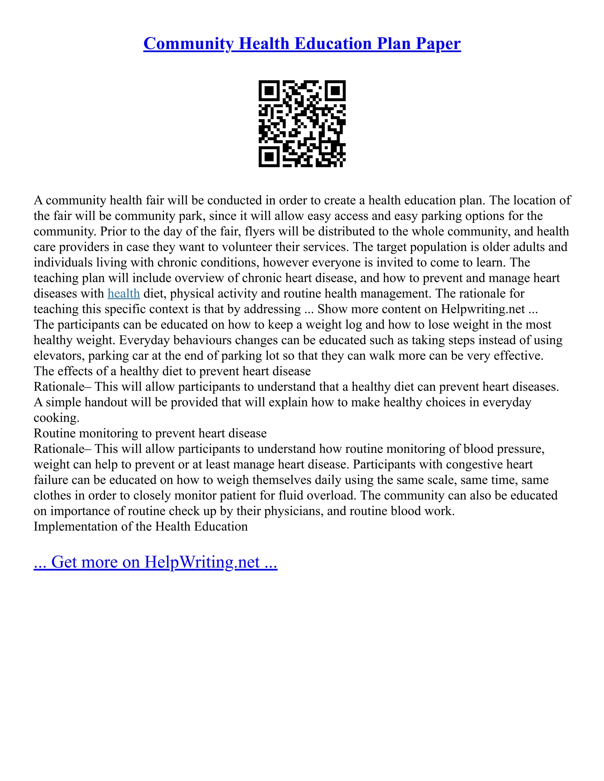 Community Health Education Plan Paper | PDF