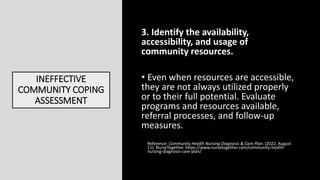 INEFFECTIVE
COMMUNITY COPING
ASSESSMENT
3. Identify the availability,
accessibility, and usage of
community resources.
• E...