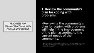 READINESS FOR
ENHANCED COMMUNITY
COPING ASSESSMENT
1. Review the community’s
plan for coping with
problems.
•Reviewing the...