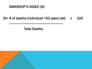 SWAROOP’S INDEX (SI)


SI= # of deaths (individual >50 years old)                         x   100
    ------------------------------------------------------------
                    Total Deaths
 