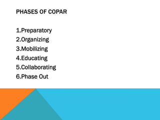 PHASES OF COPAR

1. Preparatory
2. Organizing
3. Mobilizing
4. Educating
5. Collaborating
6. Phase Out
 