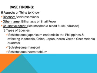 CASE FINDING:
6 Aspects or Thing to Know
§ Disease: Schistosomiasis
§ Other name: Bilhariasis or Snail Fever
§ Causative agent: Schistosoma-a blood fluke (parasite)
   3 Types of Species:
     ü Schistosoma japonicum-endemic in the Philippines &
      affecting Indonesia, China, Japan, Korea Vector: Oncomelania
      quadrasi
     ü Schistosoma mansoni
     ü Schistosoma haematobium
 