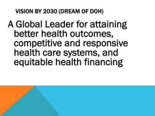 VISION BY 2030 (DREAM OF DOH)

A Global Leader for attaining
 better health outcomes,
 competitive and responsive
 health care systems, and
 equitable health financing
 