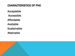 CHARACTERISTICS OF PHC

Acceptable
Accessible
Affordable
Available
Sustainable
Attainable
 
 