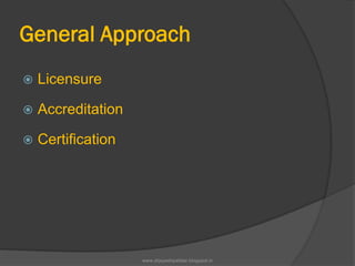 General Approach
 Licensure
 Accreditation
 Certification
www.drjayeshpatidar.blogspot.in
 