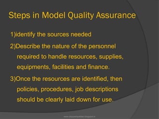 Steps in Model Quality Assurance
1)identify the sources needed
2)Describe the nature of the personnel
required to handle resources, supplies,
equipments, facilities and finance.
3)Once the resources are identified, then
policies, procedures, job descriptions
should be clearly laid down for use.
www.drjayeshpatidar.blogspot.in
 