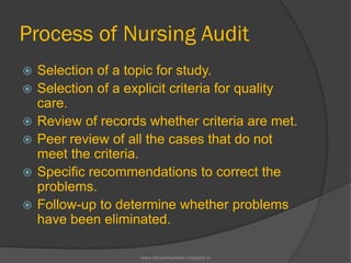 Process of Nursing Audit
 Selection of a topic for study.
 Selection of a explicit criteria for quality
care.
 Review of records whether criteria are met.
 Peer review of all the cases that do not
meet the criteria.
 Specific recommendations to correct the
problems.
 Follow-up to determine whether problems
have been eliminated.
www.drjayeshpatidar.blogspot.in
 
