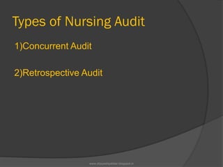 Types of Nursing Audit
1)Concurrent Audit
2)Retrospective Audit
www.drjayeshpatidar.blogspot.in
 